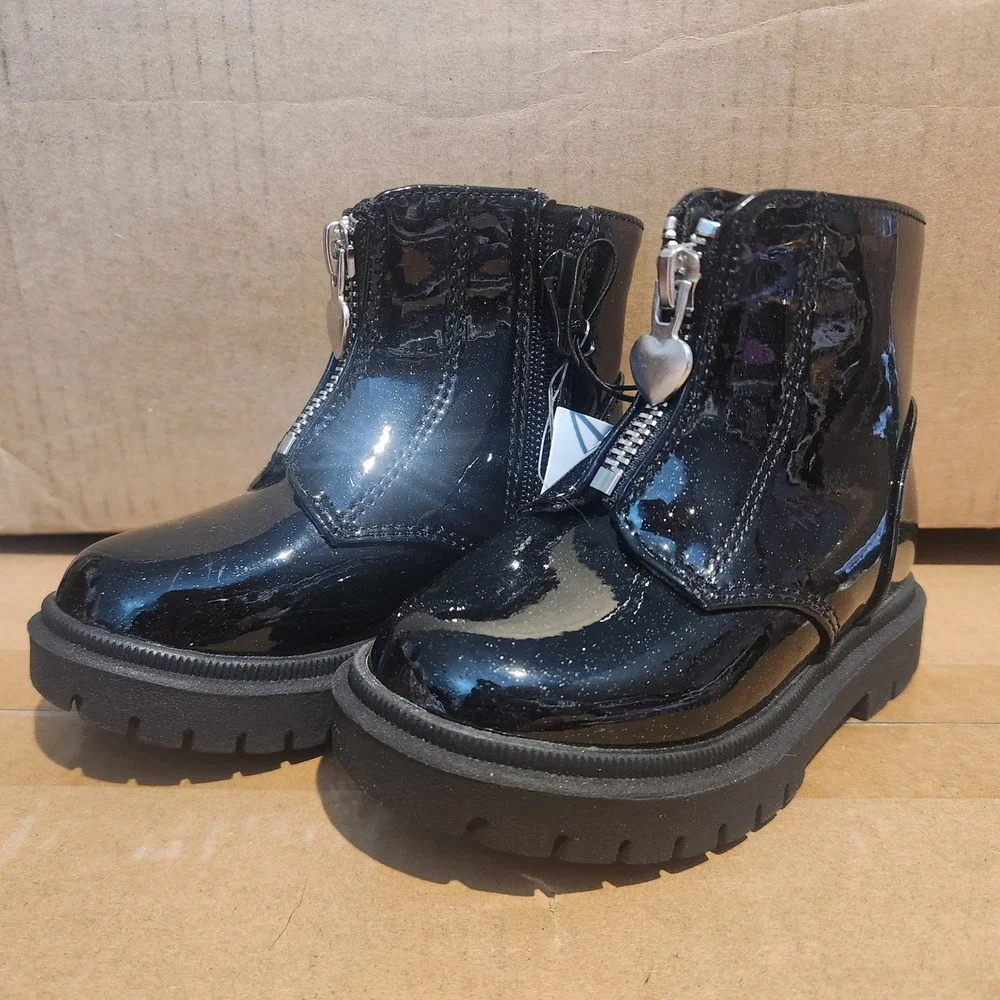 Cat & Jack Toddler Girls Black Glitter Patent Combat Boots Heart Zipper Size 7